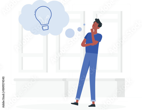 Man thinking with lightbulb idea above head blue clothes d