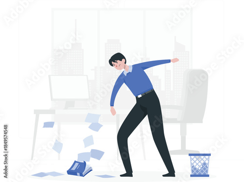 Man throwing papers into trash can in office