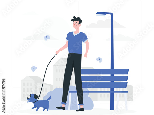Man walking blue dog on leash with bench and streetlight d