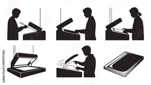 Silhouette of people using heat press machine in simple flat design with black color on white background for printing and branding