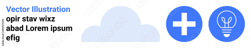 Obraz premium Technology, healthcare, innovation, cloud computing, medical services, design concepts. Blue cloud shape, plus sign and lightbulb graphics. Technology and healthcare