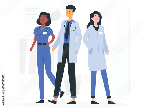 Medical professionals walking together in blue and white uniforms doctor nurse medical staff