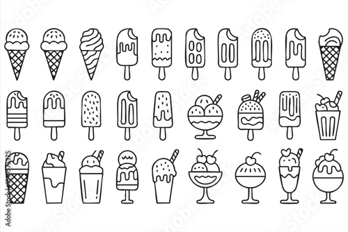 Ice Cream Dessert Icons in Clean Outline Style for Food Branding and Menus