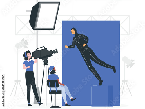 Motion Capture Studio Setup with Actor and Crew camera des