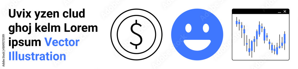 Fototapeta premium Business strategy, financial planning, stock market, data analysis, economic growth, profit trends. Circular dollar sign, happy face and market graph symbols. Business strategy and financial