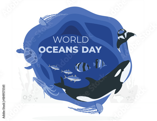 Oceans Day marine life with whale orca fish turtle