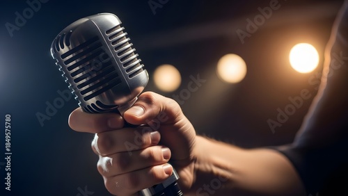 Singer Holding Microphone on Dark Stage.