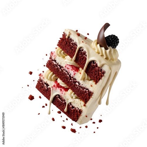 Slice of layered cake with creamy filling, smooth frosting, and caramel drizzle with falling crumbs, perfect for dessert and bakery designs, isolated on white or transparent background. PNG format.