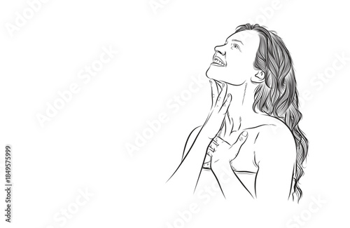 drawing Beautiful Middle Aged Woman Touching Soft Smooth Skin On Neck, Attractive Mature Lady Standing Wrapped In Towel Over Background, Enjoying Her Beauty, Copy Space