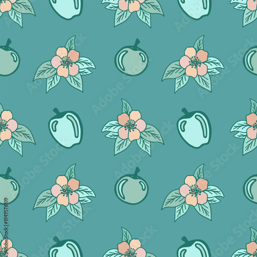 Vector seamless pattern with apple blossoms and apples. Основные RGB
