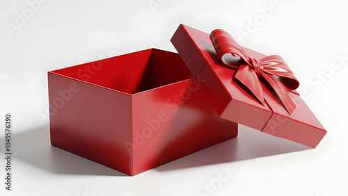 Red gift box with lid open and ribbon bow on top