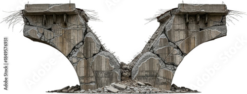 Panel kuchenny z motywem Severely damaged concrete bridge support structure wreckage displays deep cracks exposed rebar and scattered rubble at the base with a transparent background Collapse Ruin Debris Destruction