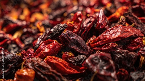 Colorful Produce A highly detailed macro photograph of a pile of various dried chilies ancho guajillo pasilla at a market vibrant reds and deep browns textured background in Mexico