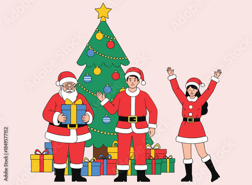 Three people dressed as Santa Claus and a decorated Christmas tree with gifts holiday