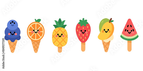 Cute Fruit Shaped Ice Cream Set – Vector Illustration of Smiling Summer Desserts