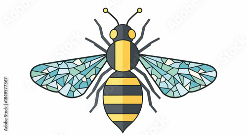 Detailed Illustration of a Striped Bee with Intricate Wing Patterns.
