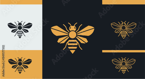 Set of stylized bee logos and icons in various designs and colors.