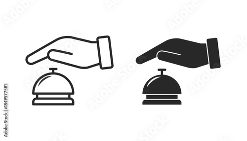 A clean vector illustration showing a hand reaching out to press a classic desk bell. It represents hospitality, front desk assistance, and immediate guest service.