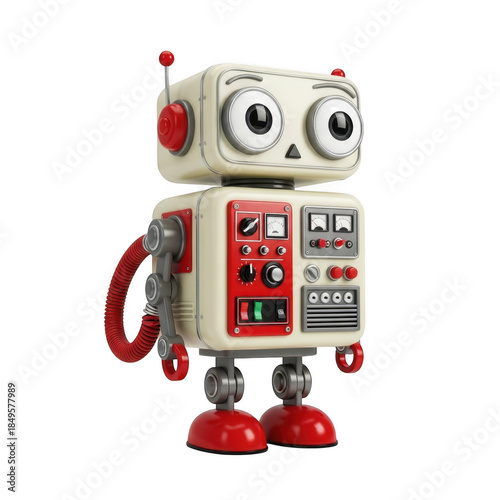 Cute retro robot with big eyes isolated on transparent background