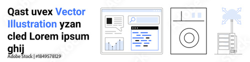 Data analysis, communication systems, technology trends, digital interfaces, smart appliances, software management. Diagram displaying graphs, screens and tools. Data analysis and communication