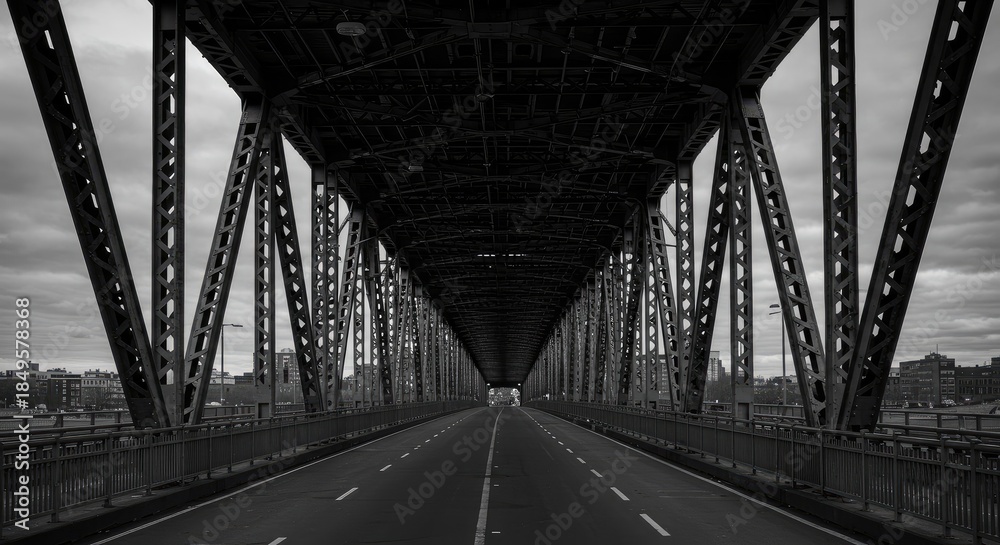 Fototapeta premium Steel bridge structure under a cloudy sky. Empty road stretches through the frame
