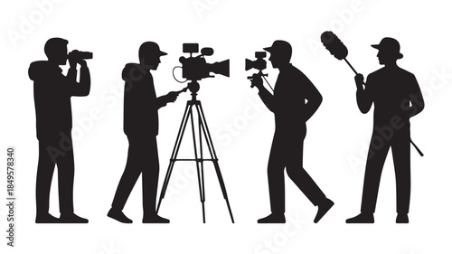 Silhouettes of cameramen in various poses with professional camera equipment in black and white minimalist style for media production