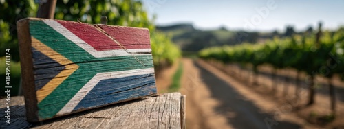 South African flag sign in vineyard with rows of grapevines in the background under clear sky