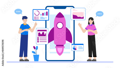 Startup Team Launching Beta Version to Early Users. Flat Vector Business Illustration