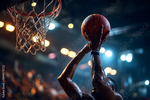 Dynamischer Basketball Dunk Moment mit Ball und Korb
