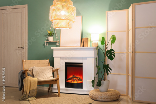 Fireplace with armchair, gl...
