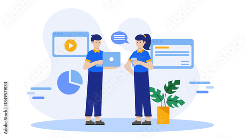 Sales Team Hosting Online Product Demo for Leads. Flat Vector Business Illustration