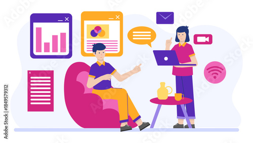 Content Writer Research Blog Topics Using SEO Tools. Flat Vector Business Illustration