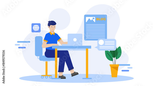 Content Writer Research Blog Topics Using SEO Tools. Flat Vector Business Illustration