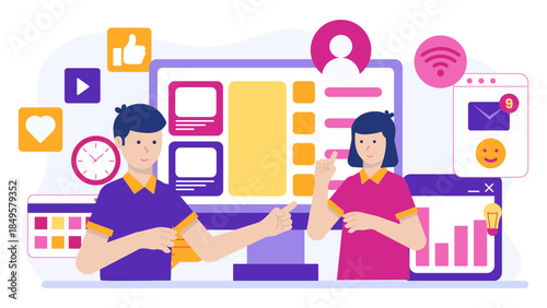 Marketing Team Scheduling Social Posts via Automation. Flat Vector Business Illustration