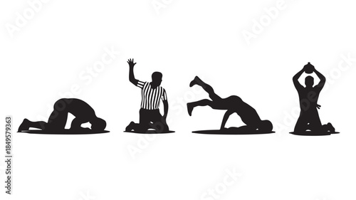 Yoga Silhouettes in Various Poses with Referee in Striped Shirt in Simple Black Silhouette for Fitness Illustration