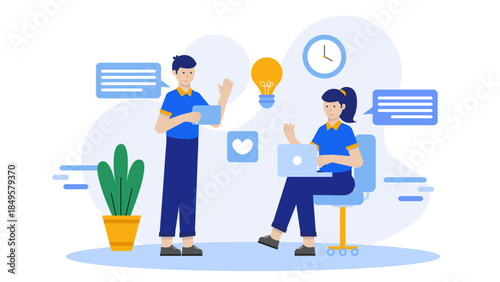 Marketing Team Scheduling Social Posts via Automation. Flat Vector Business Illustration