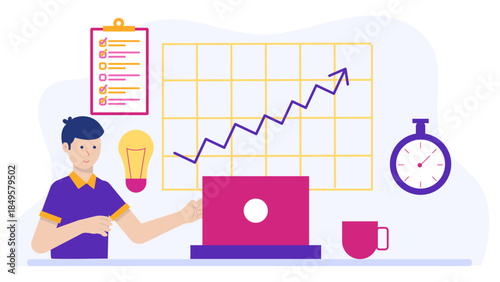 Employees Logging Progress in Productivity Tracker. Flat Vector Business Illustration
