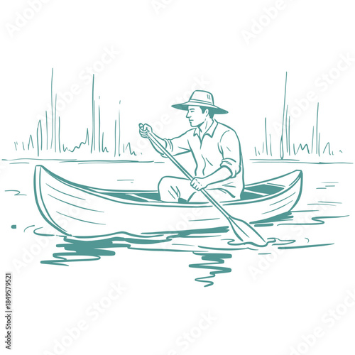 Canoe Paddler Sketch.Vintage River Trip.Man Rowing Boat Line Art.Outdoor Water Sport.Lake Adventure Drawing