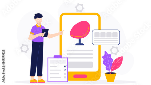 Business Owner Managing Inventory via Mobile App. Flat Vector Business Illustration