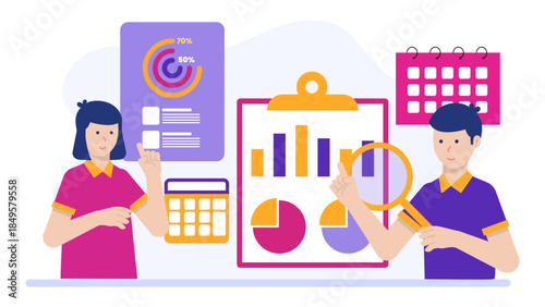 Finance Department Reconciling Monthly Statements. Flat Vector Business Illustration