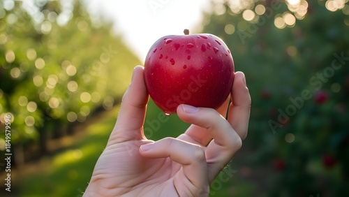 Hand Holding Fresh Red Apple in Orchard.