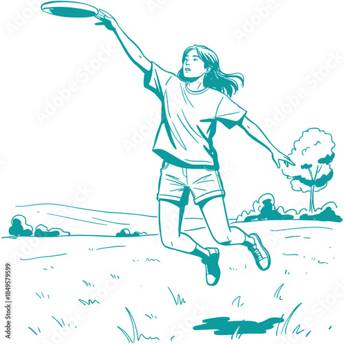 Woman catching frisbee disk.Summer sport illustration.Girl playing ultimate frisbee.Outdoor jump action sketch.Line art park recreation
