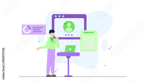 HR Team Hosting Virtual Employee Onboarding Tour. Flat Vector Business Illustration