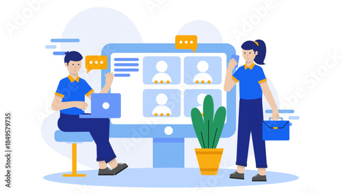 HR Team Hosting Virtual Employee Onboarding Tour. Flat Vector Business Illustration