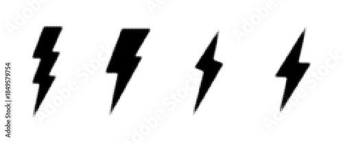 Halftone grunge lightning bolts set. black dotted flash thunderbolt. dotted thunder bolt symbol collection