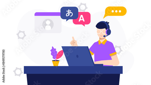 Support Agent Resolving Multi-Language Customer Query. Flat Vector Business Illustration