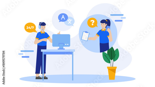 Support Agent Resolving Multi-Language Customer Query. Flat Vector Business Illustration