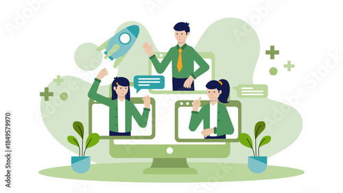 Remote Team Celebrating Project Launch Virtually. Business Flat Vector Illustration