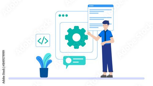 Developer Pushing Code to Repository. Business Flat Vector Illustration