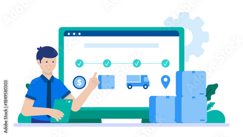 E-commerce Warehouse Fulfilling Online Orders. Business Flat Vector Illustration